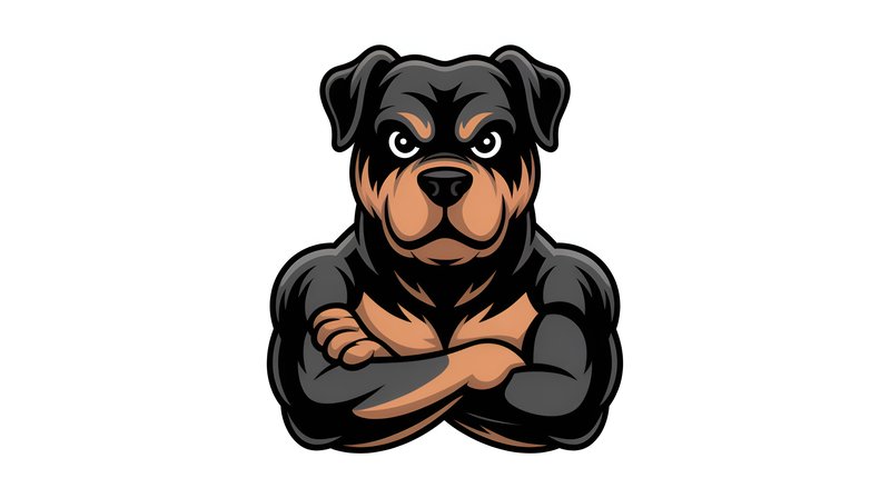 Rottweiler character with muscular arms in a strong pose Premium Stock Image - stock photo