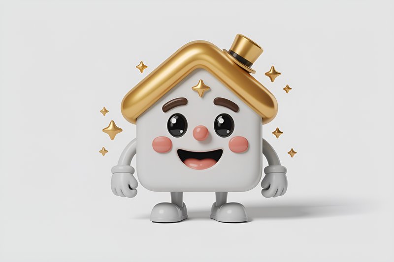 Cute house character stands smiling with shiny details Premium Stock Image - stock photo