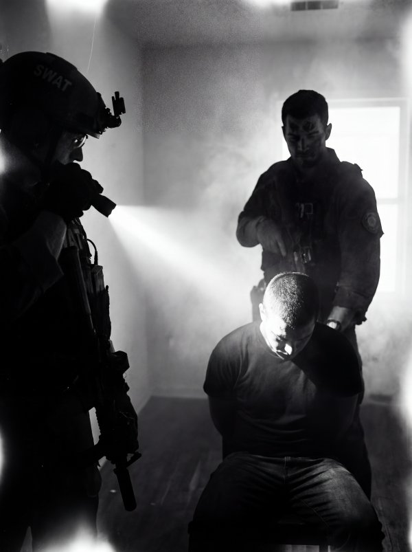 SWAT team conducts operation in a dimly lit room with suspect - stock photo