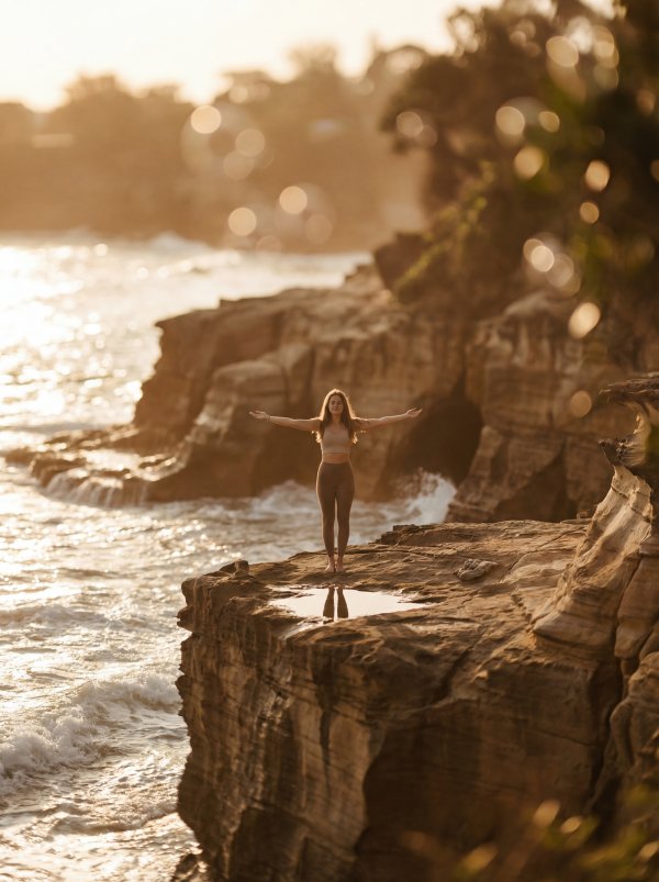 Woman stands on cliff by the ocean during sunset in warm light - stock photo
