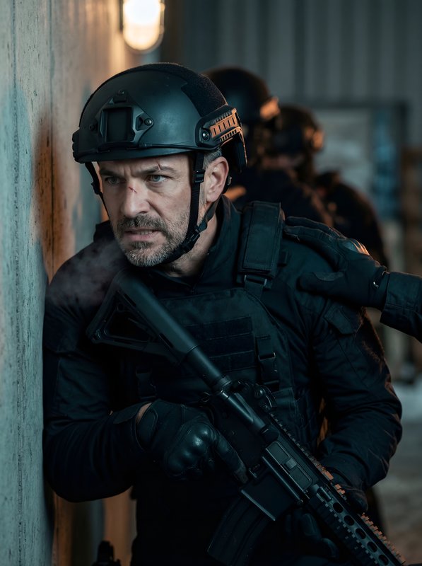 SWAT team member prepares for action in urban setting Premium Stock Image - stock photo