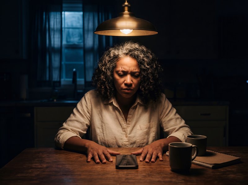 Woman sits at table with phone in dark room at night Premium Stock Photo - stock photo