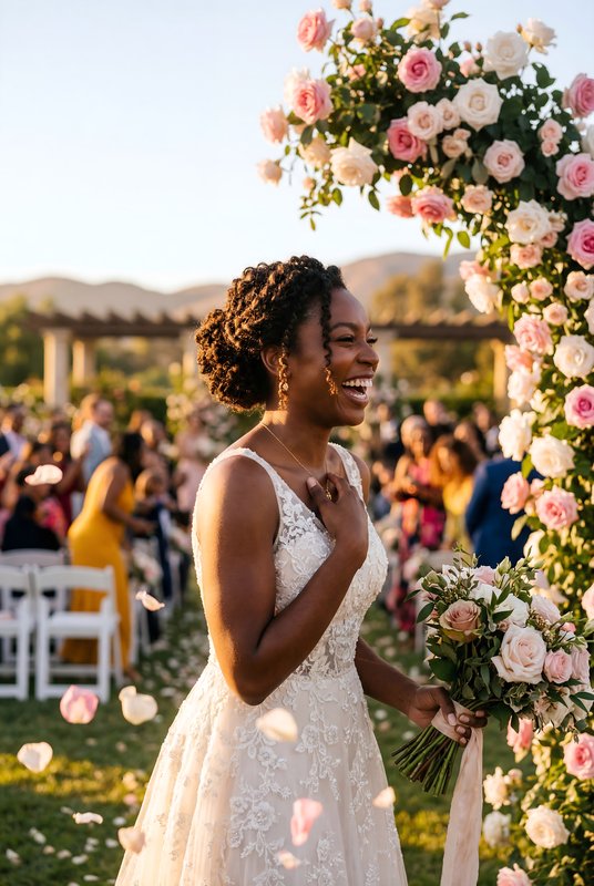 Joyful bride walks through flower arch at outdoor wedding Premium Stock Photo - stock photo