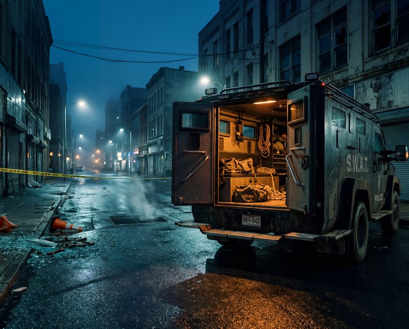Police action occurs at night in empty city streets Premium Stock Image - stock photo