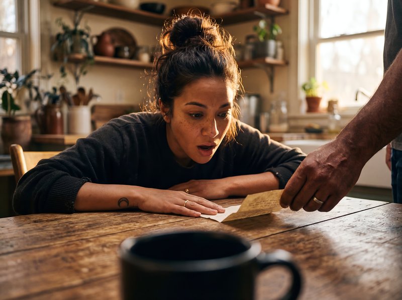 Woman reacts to a surprising letter at home in the morning Premium Stock Photo - stock photo