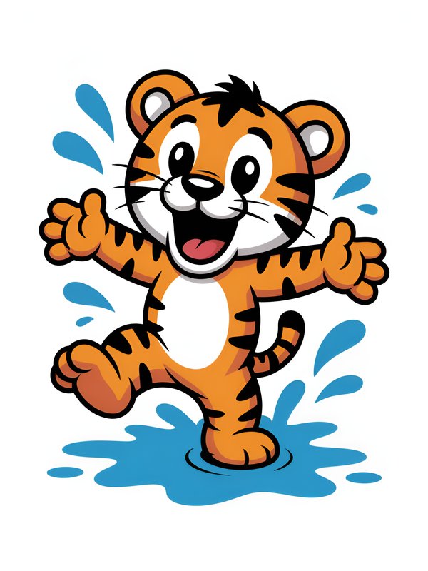 Tiger cub splashes in water under bright sky Premium Stock Image - stock photo