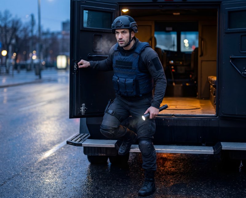 Officer steps out of armored vehicle while on duty at night Premium Stock Image - stock photo