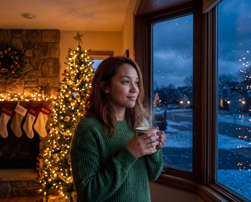 Woman enjoys a warm drink by the window during winter Premium Stock Photo - stock photo
