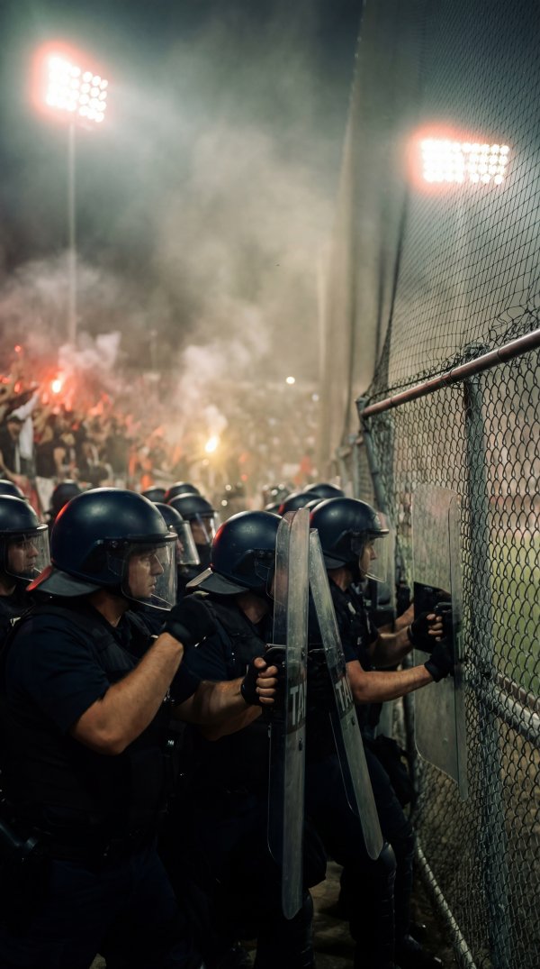 Crowd control during a sports event at night in a stadium - stock photo