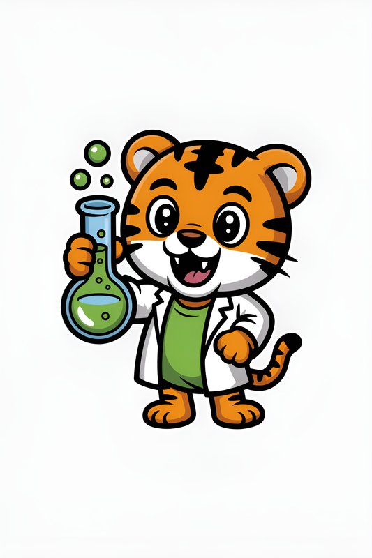 Cute tiger character holds a flask in a lab setting Premium Stock Photo - stock photo