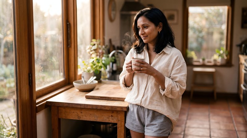 Woman enjoying drink in kitchen during morning light Premium Stock Photo - stock photo