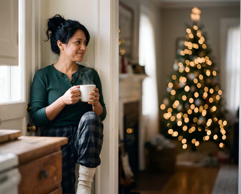 Woman enjoys hot drink by Christmas tree in cozy home Premium Stock Image - stock photo