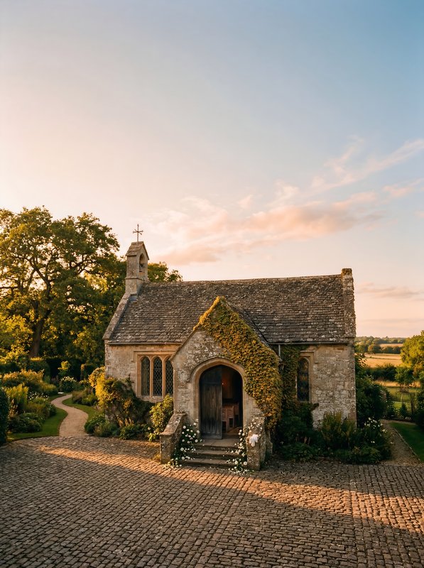 Small stone church in the countryside at sunset Premium Stock Image - stock photo