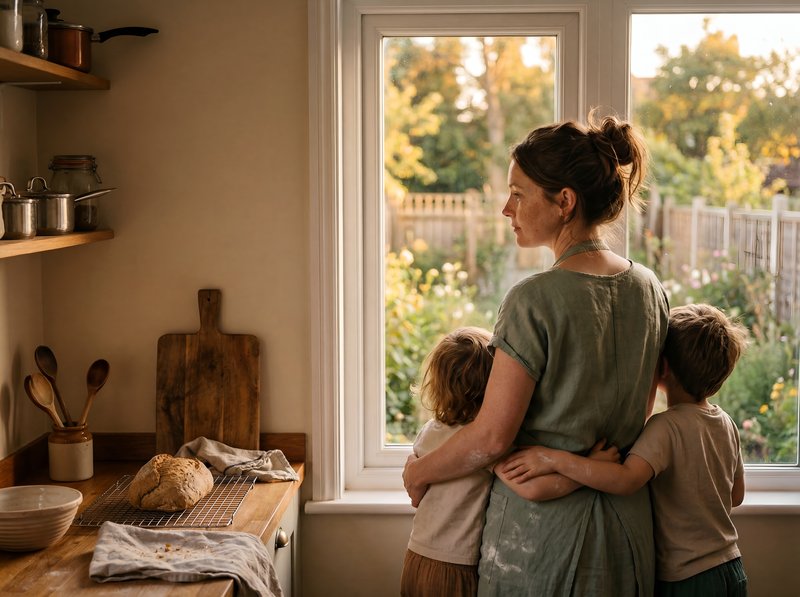 Family enjoys time together in a cozy kitchen with sunlight Premium Stock Photo - stock photo