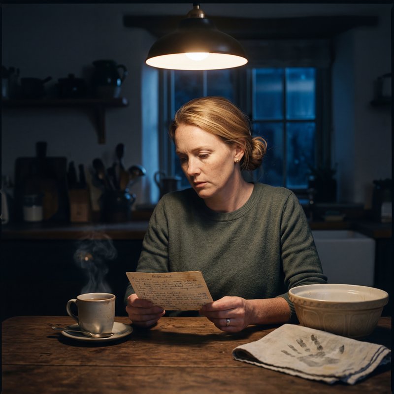 Woman reading a letter while sitting at a kitchen table Premium Stock Photo - stock photo