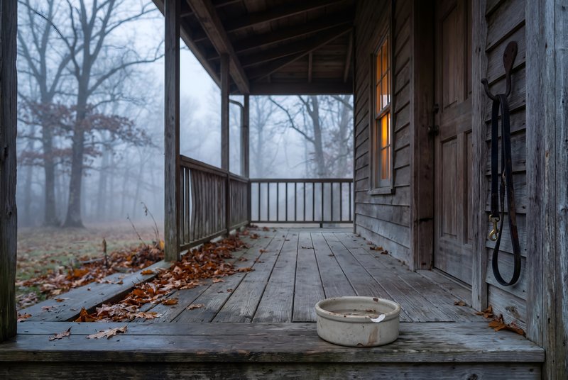 Fog covers an old porch with a bowl on a wooden floor Premium Stock Photo - stock photo