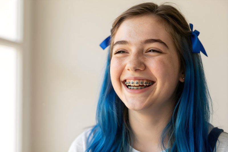 Girl with blue hair smiles wide with braces in indoor light Premium Stock Image - stock photo