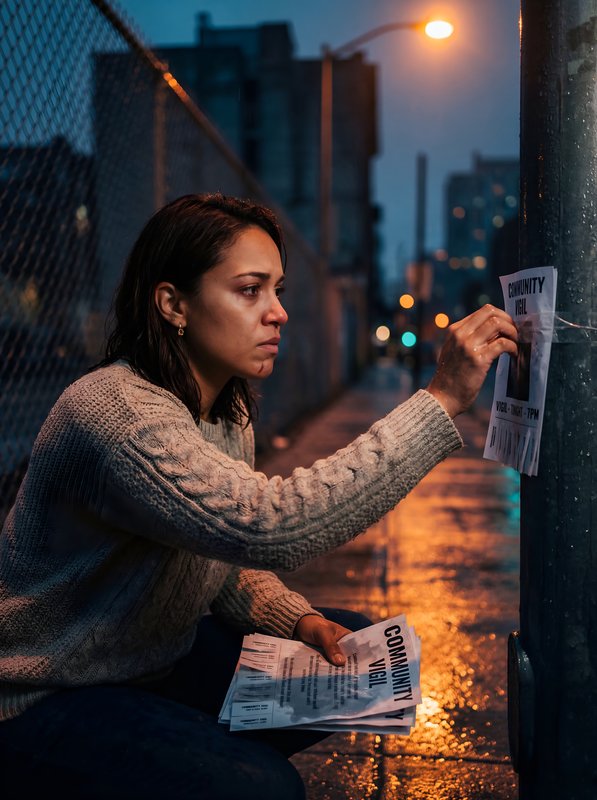 Community event flyer posted on city street in evening Premium Stock Photo - stock photo