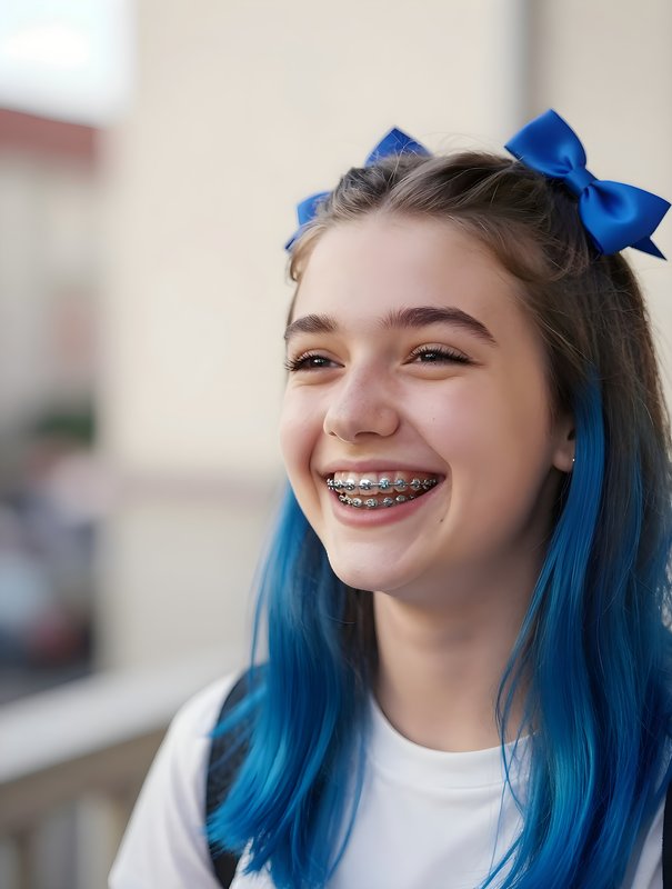 Girl with blue hair smiles in a sunny outdoor setting Premium Stock Photo - stock photo