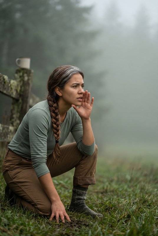 Woman sits on grass and thinks in the foggy forest Premium Stock Photo - stock photo