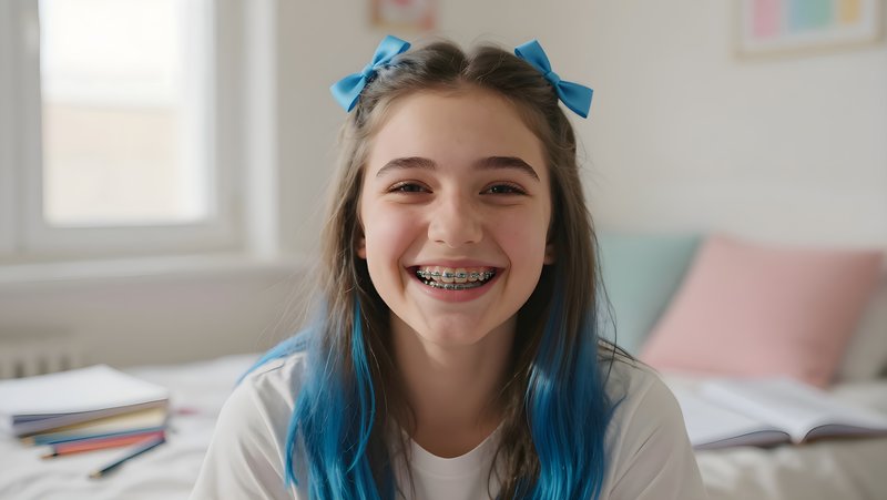 Smiling girl with blue hair in a bright room Premium Stock Image - stock photo