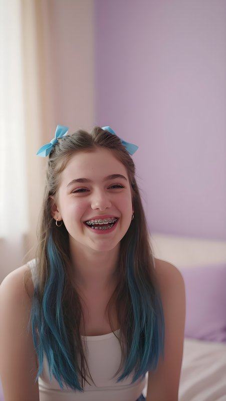 Girl with blue hair smiles in a purple room at home Premium Stock Photo - stock photo