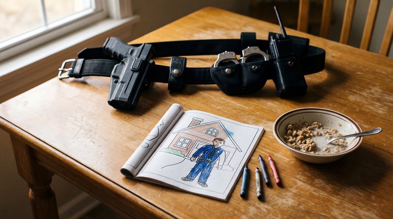 Drawing on a table with a belt and breakfast nearby Premium Stock Image - stock photo