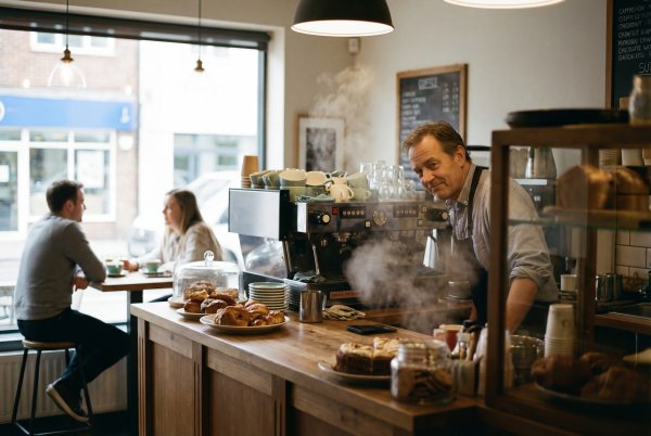 Barista serves coffee and pastries in busy cafe setting - stock photo