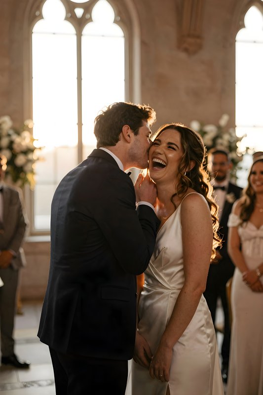 Couple shares a moment during wedding ceremony at sunset Premium Stock Image - stock photo
