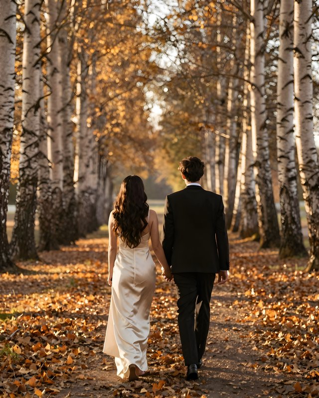 Couple walks hand in hand through an autumn path in sunlight Premium Stock Image - stock photo