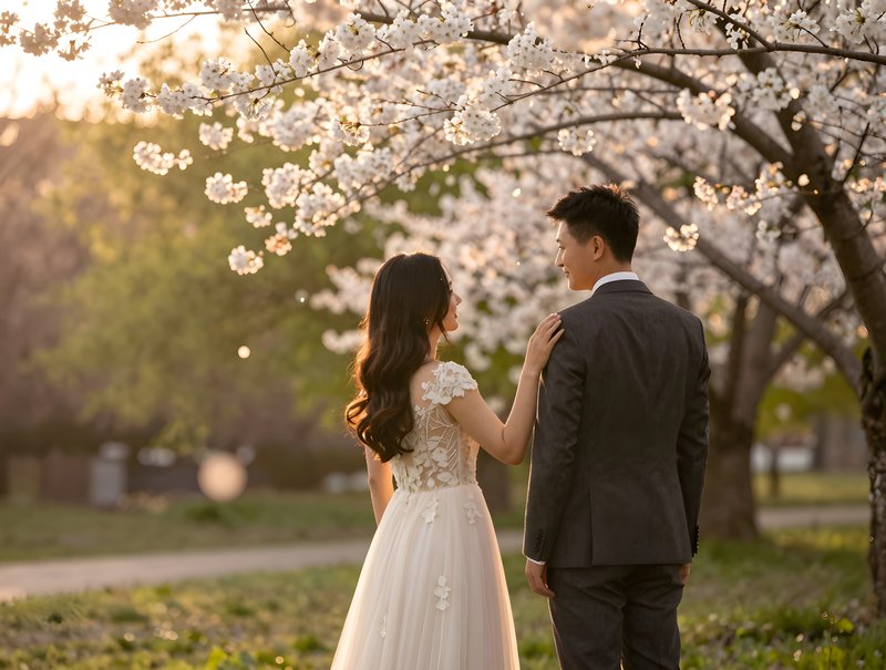 Couple stands near cherry blossom trees during sunset Premium Stock Image - stock photo