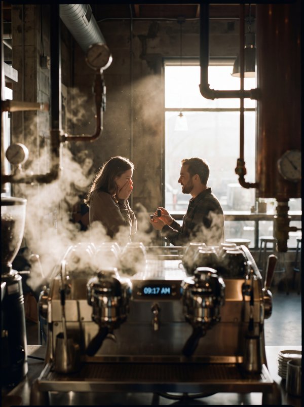 Couple talking in coffee shop in the morning - stock photo