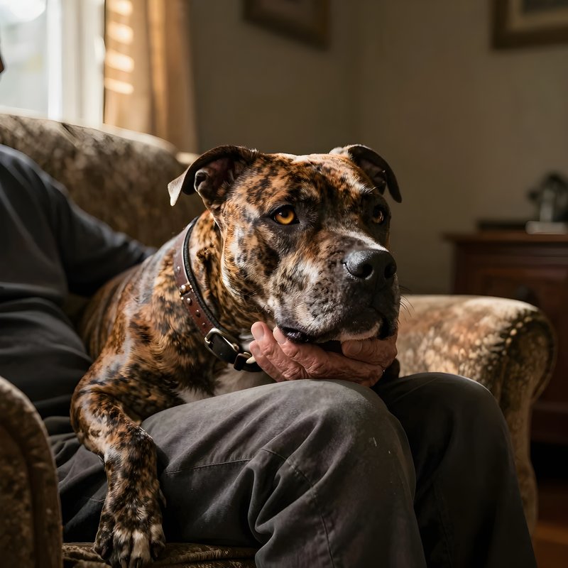 Dog sitting on a person's lap in a living room during daytime Premium Stock Photo - stock photo