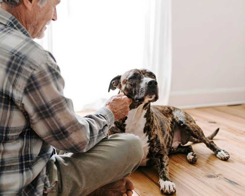 Man pets his dog indoors during daytime in a cozy room Premium Stock Image - stock photo