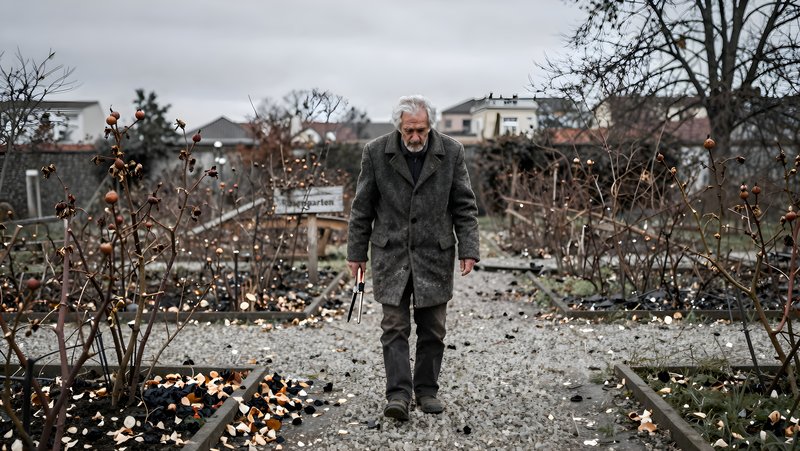 Man walks through empty garden on a cloudy day Premium Stock Image - stock photo