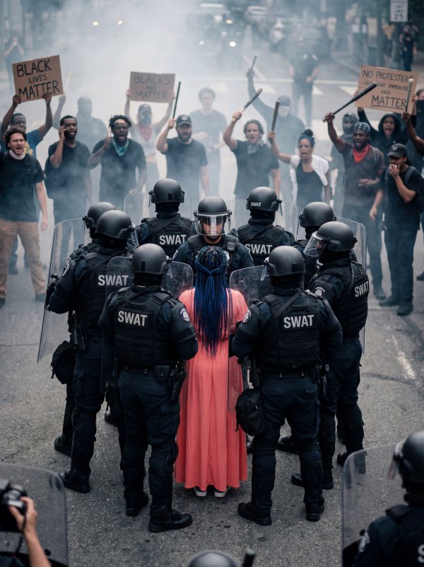 Crowd gathers for protest while police hold back demonstrators in city - stock photo