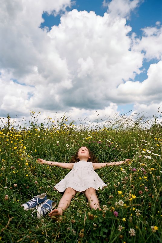 Child plays in flowers under a cloudy sky in the afternoon Premium Stock Image - stock photo