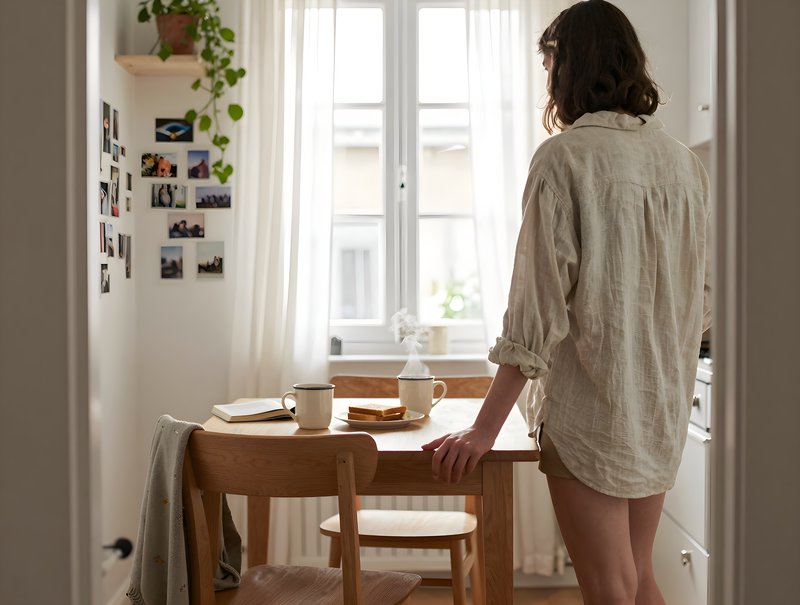 Woman stands by a wooden table with coffee in a bright room Premium Stock Photo - stock photo