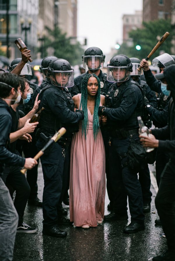 Protest with police and a woman in a pink dress on a city street - stock photo