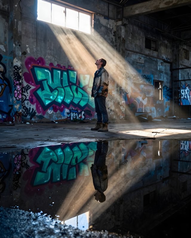 Light shines through an old building with graffiti on walls Premium Stock Image - stock photo