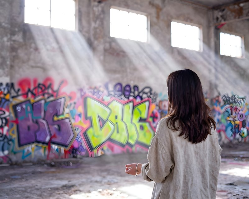 Young woman admiring graffiti art in an old building Premium Stock Image - stock photo