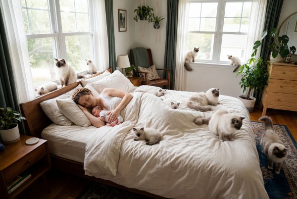 Woman and baby resting in bed surrounded by cats Premium Stock Image - stock photo