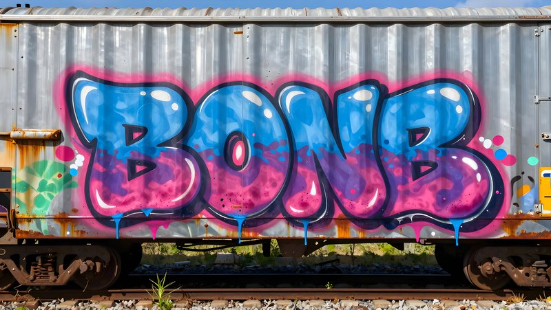 Colorful graffiti on a shipping container near train tracks Premium Stock Image - stock photo