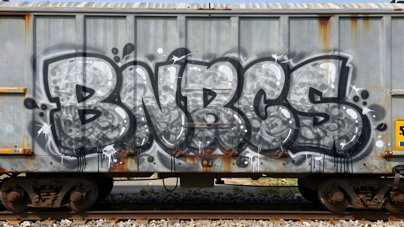 Graffiti on gray train car at railway location Premium Stock Photo - stock photo
