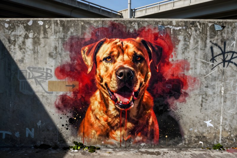 Dog mural on the wall under the highway in the city Premium Stock Photo - stock photo