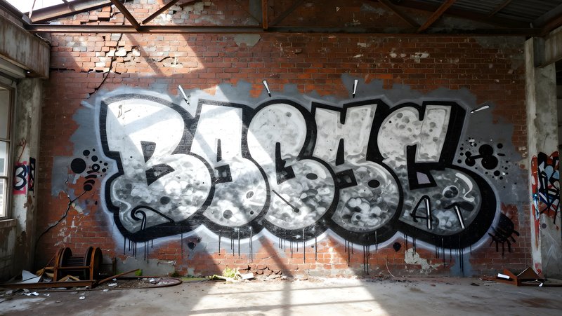 Urban art displayed on a brick wall in an abandoned warehouse Premium Stock Image - stock photo