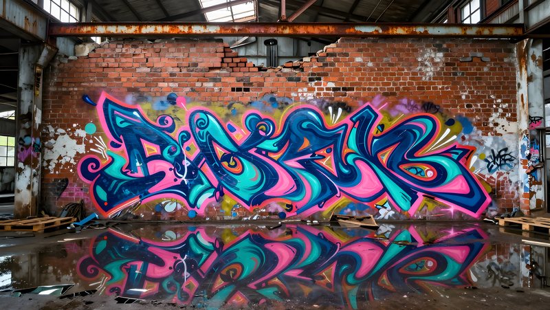 Colorful graffiti on a brick wall in an abandoned warehouse Premium Stock Image - stock photo