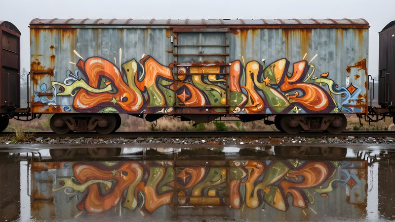 Graffiti on a train car with reflection in water Premium Stock Photo - stock photo