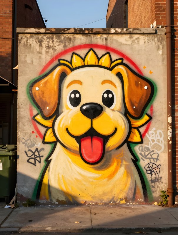 Bright dog mural on a wall in the city street during sunset Premium Stock Photo - stock photo