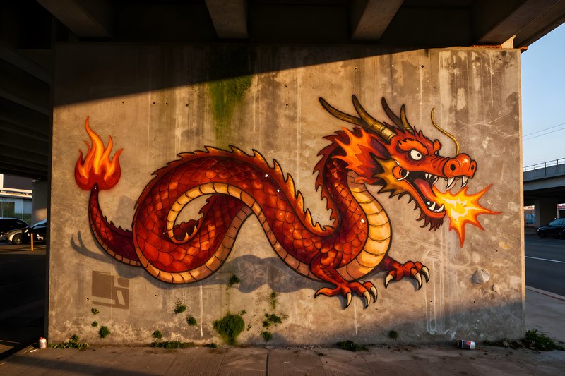 Red dragon mural on urban wall under the bridge Premium Stock Photo - stock photo